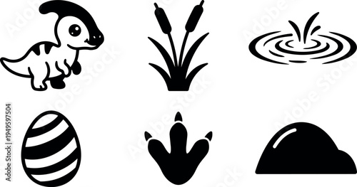 Cute dinosaur baby with striped egg cattail plants water fountain ripple footprint and hill silhouette vector icons set