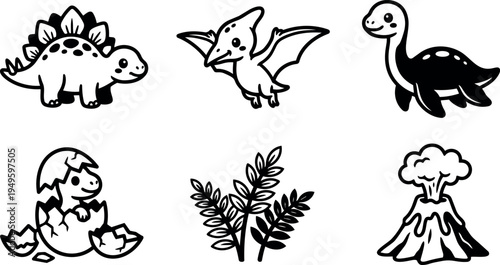 Cute black and white cartoon dinosaur icons including stegosaurus pterodactyl plesiosaurus hatchling leaves volcano