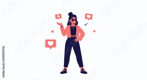 Stylish Woman with Social Media Icons, Likes, Stars, and Checkmark