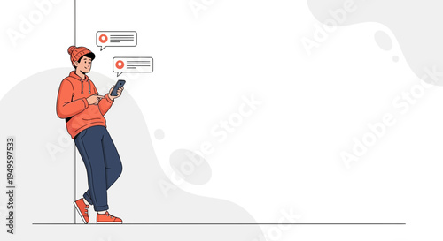 Young man in casual clothes texting on smartphone, leaning against wall, chat bubbles