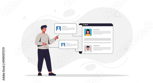 Man reviews user profiles on a digital interface, online recruitment concept