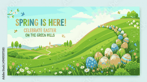 Vibrant spring easter banner featuring a winding path lined with colorful decorated eggs ascending a lush green rolling hill towards