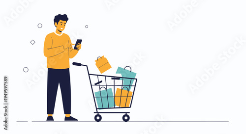 Man with shopping cart and phone, online shopping concept