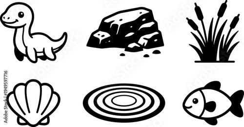 Cute smiling dinosaur cartoon with rock cat tail water ripple fish shell and reeds silhouette set