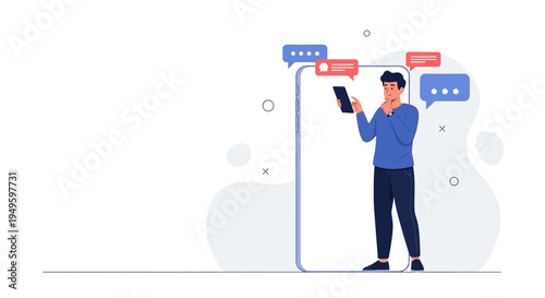 Man text messaging on phone with chat bubbles, modern communication concept