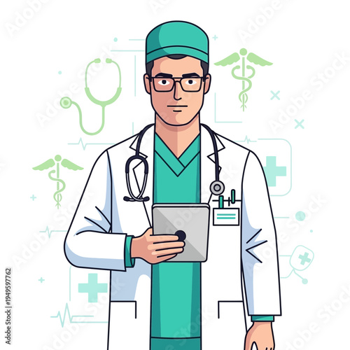 Doctor holding tablet with medical symbols background