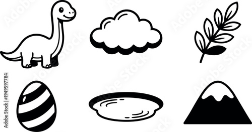 Black and white vector icons of dinosaur cloud leaf egg pond and snowy mountain simple minimal design isolated