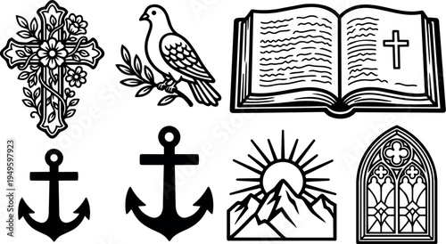 Black and white vector art set of religious and nautical symbols including floral cross dove open bible anchor sunburst mountain window