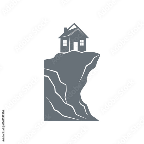 Conceptual graphic of a house on a cliff edge, symbolizing home vulnerability, property risk, and the precariousness of housing stability