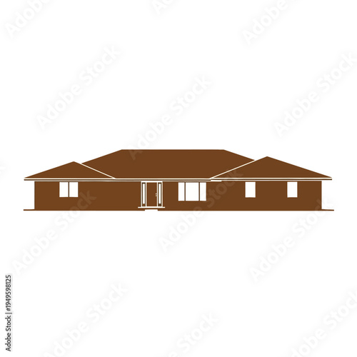 Modern single-story ranch-style house with a central entryway and large windows, architectural blueprint illustration
