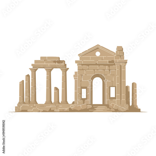 Vector illustration of ancient historical ruins, showcasing weathered stone columns, arches, and remnants of an old temple structure, evoking antiquity and heritage