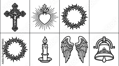 Black and white line art collection of religious symbols including crucifix sacred heart crown thorn candle angel wings and bell