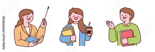 Teacher characters. They are pointing at the blackboard with a stick, holding coffee, or explaining with their hands outstretched. Cute teacher character with a round face. Upper body illustration. 