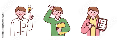 Actions of the teacher characters. They are performing actions as if an idea has struck them, holding their heads with their hands, making troubled expressions, and holding a checklist. 