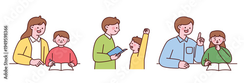 A parent or teacher character studying with a child. They are kindly explaining things to the child. Cute teacher character with a round face. Upper body illustration. 