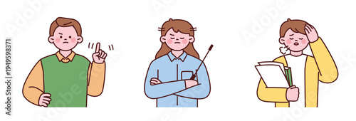 Teacher characters with negative expressions. They are making a NO gesture with their fingers, shaking their heads, or covering their foreheads with their hands. 