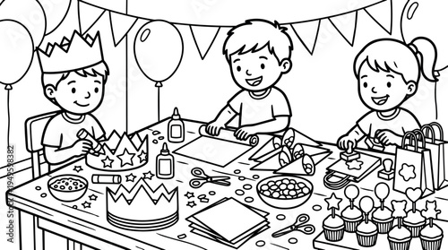 Black and white line art children making party crowns with art supplies balloons and cupcakes on table celebrating festive occasion indoors