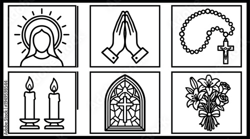 Black and white line art religious icons including praying hands candles rosary cross stained glass window and flower bouquet set