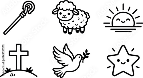 Simple black and white line art vector collection including shepherd staff sheep sunrise cross dove and smiling star icons