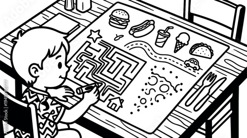 Black and white vector art of young boy drawing maze puzzle with food and car icons on table in playful flat design style illustration
