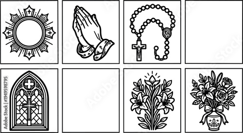 Black and white religious icons with praying hands rosary beads stained glass window and floral decorations vector art