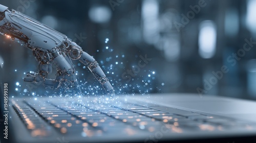 Robotic hand interacting with a laptop keyboard with glowing particles