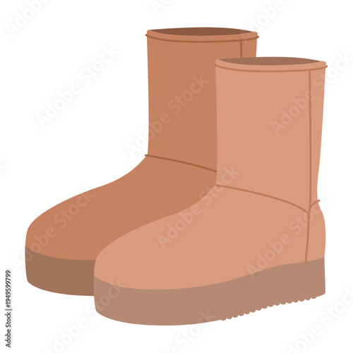 Beige winter mid boot women color pair. Flat fleece lined boot for city stroll coffee run and everyday comfort. Technical fashion illustration CAD mockup soft vector man isolated contemporary style.