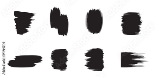 Black grunge brush stroke texture set. Redacted censorship bars, rough ink background labels, and page dividers. Vector dry marker collection.
