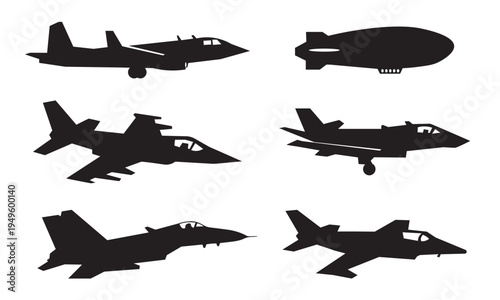 Military fighter jet and surveillance blimp silhouette set. Combat aircraft side view profiles for aerospace defense infographics and recognition charts. Vector aviation symbols.
