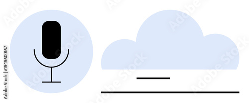 Voice recognition, cloud storage, artificial intelligence, data management, virtual assistants, sound recording. Microphone in a circle and cloud icon. Voice recognition and cloud storage concept