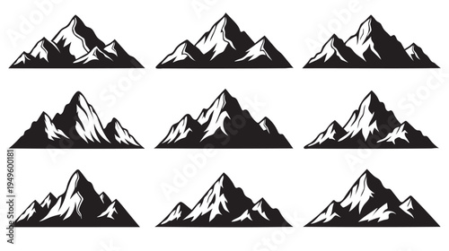 Mountain peak silhouette set. Outdoor adventure and camping logo elements. Vector alpine landscape symbols.