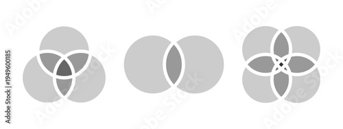 Set of gray colored Venn diagrams with 2, 3 and 4 intersected circles isolated on white background. Templates for statistics chart, presentation or analytics schema. Vecor graphic illustration