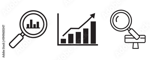 Financial data analysis and fraud detection icon set. Vector symbols for market research, business auditing, and secure payment verification. UI outline glyphs.