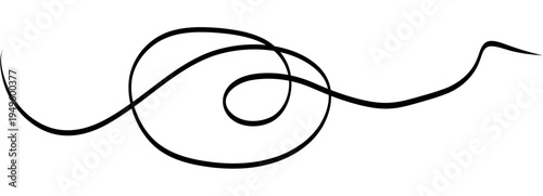 Abstract tangled cable squiggle forming loose ball of lines. Thin black thread loops and overlaps for dynamic chaos accent, logo background or tech themed decoration.