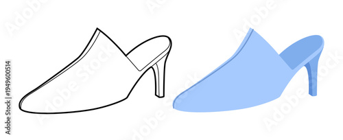 Blue mule shoe women flat plus line set. Open back mid heel shoe for resort, travel, light minimalist outfit. Technical fashion illustration, CAD mockup, mixed vector men unisex isolated stylish style