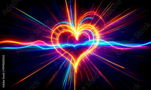 neon glowing heart with colorful light waves and vibrant rays on a dark background with rainbow color streaks and electric energy effects and bright luminosity.