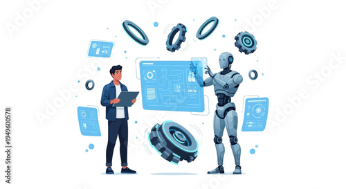 Businessman and robot interacting with technology.