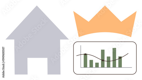 Real estate analysis, housing trends, investment insights, property market, financial growth, data interpretation. House, crown and bar chart with trend line. Real estate analysis and housing trends