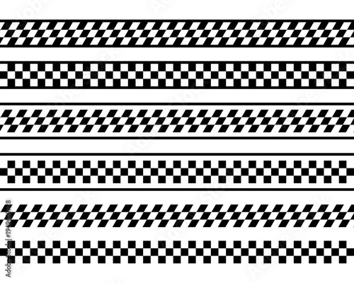 Collection of borders or dividers with geometric checkered texture. Tapes with rally flag, chess board, taxi or police print. Repeated black and white squares patterns. Vector graphic illustration
