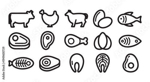 Meat and protein food line icons set for restaurant menus with beef chicken fish eggs and steak silhouettes