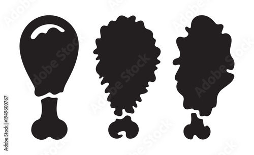Fried chicken leg silhouettes set with crunchy breaded texture for fast food restaurant menu design assets