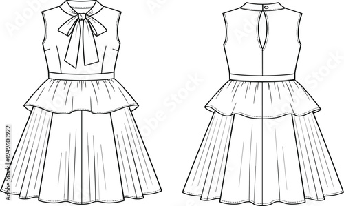 Women fashion dress flat sketch vector illustration featuring a bow tie neck sleeveless peplum waist and pleated skirt for apparel design and technical drawing