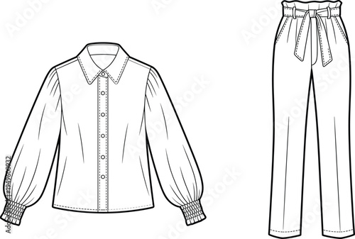 Women blouse and high waist trousers technical fashion sketch, black and white clothing line art set isolated on light background