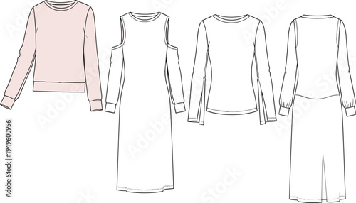 Women Fashion Technical Sketch Set, Long Sleeve Sweatshirt, Cold Shoulder Maxi Dress, Bell Sleeve Top, CAD Drawing Flat Vector Illustration