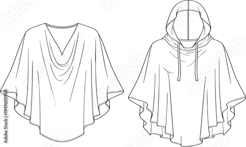 Women Hooded Poncho and Draped Neck Capelet Technical Flat Sketch Vector Set Fashion Design Tech Pack Template for Apparel Manufacturing and CAD M