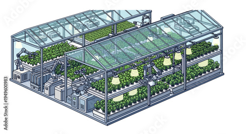 Advanced modular greenhouse featuring automated vertical farming techniques and sustainable plant cultivation systems.