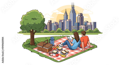 Peaceful couple enjoying a picnic in a green park with a scenic city skyline at sunset, one person reading a book.