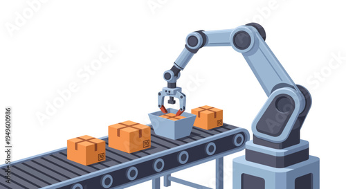 Robotic arm placing a cardboard box onto a conveyor belt, illustrating automated logistics and smart factory processes, isolated white background.