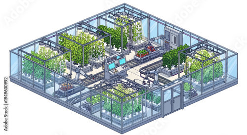 Isometric smart greenhouse with automated vertical farming technology, growing various plants in a controlled indoor environment.