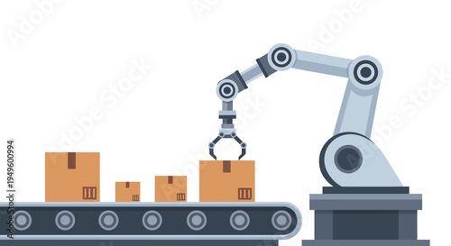 Industrial robotic arm picking up a package from a conveyor belt, symbolizing automation and efficiency in manufacturing, isolated white background.